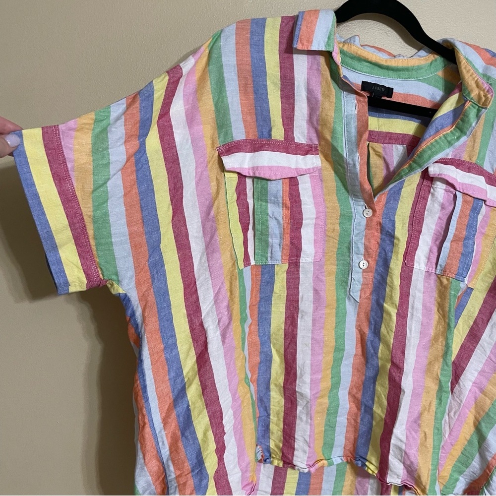 J. Crew Rainbow candy Stripe popover shirt linen cotton blend size 16 - Picture 2 of 6